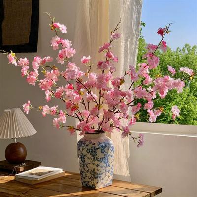 Pink Artificial Sakura Flower Decorative Long Branches Artificial Faux Plants Peach Silk Fake Cherry Blossoms Floral Arrangement