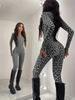 Leopard Print Half-Zip Slim Fit Jumpsuit with Stand-Up Collar for Women