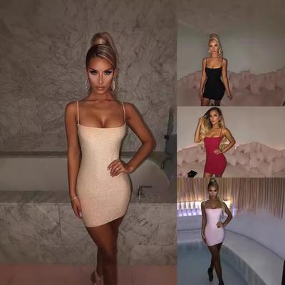 Women's Summer Glitter Strap Sexy Nightclub Bare Backpack Hip Short Dress