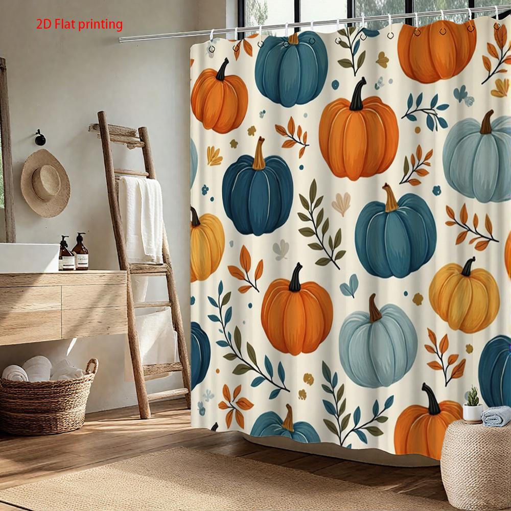1Pc Blue And Orange Autumn Pumpkin Pattern Shower Curtain, Polyester Fabric With Hooks, Suitable For Bathroom Decoration