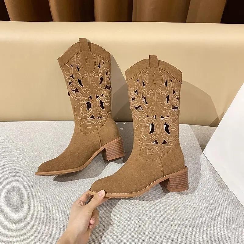 

Модные ботильоны с вырезами Женские рыцарские ботинки Ковбойские сапоги Дышащая обувь Искусственная кожа Резиновая подошва Простой стиль Взрослая обувь 40 хаки