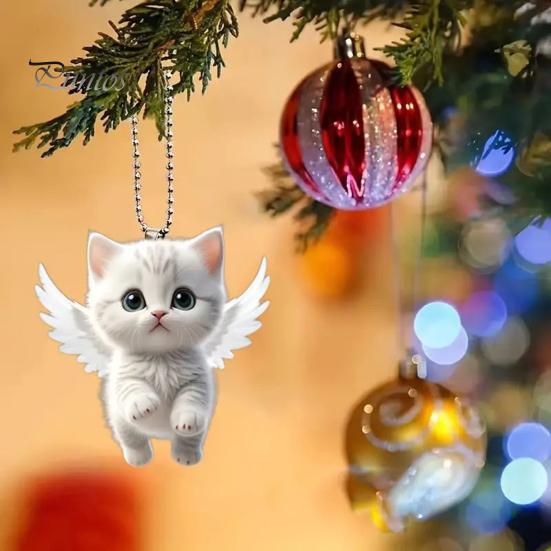 Angel Cat Pendant Rearview Mirror Ornament Car Decoration Cute White Kitten Pendant with Lanyard Whimsical Charm