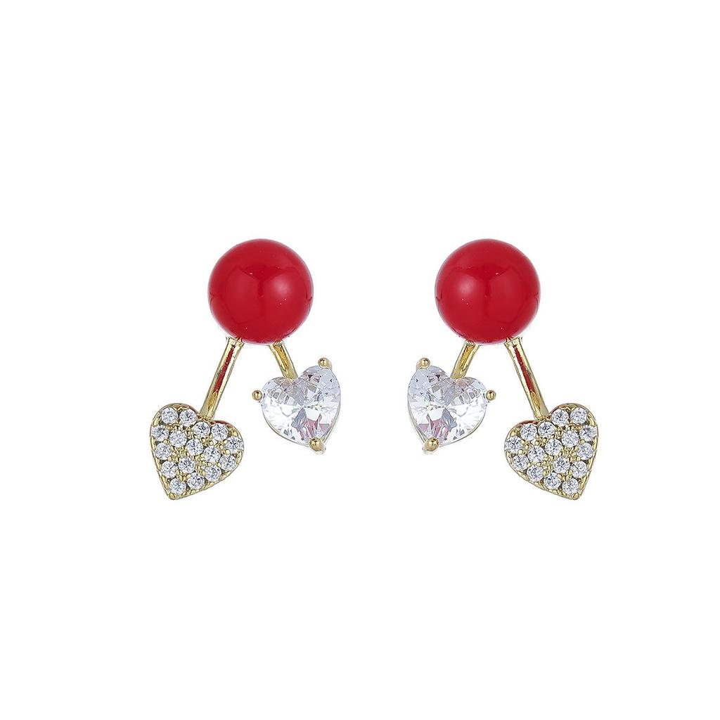 Stylish Red Heart Cubic Zirconia Earrings: Front & Back Wear, Luxurious Korean Style, Versatile Micro-Paved Studs for Commuting