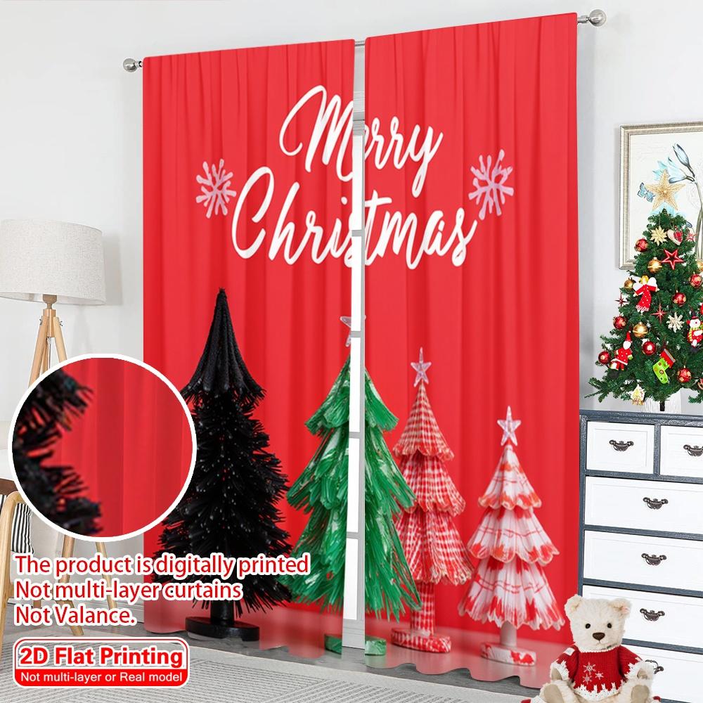 2pcs 2D Flat Printing Merry Christmas Popular Window Curtains Merry Christmas Trees Buffalo Plaid 100% Polyester Fabric Without