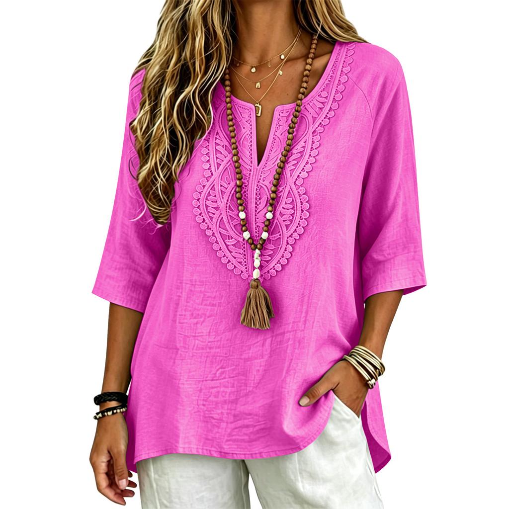 Women Boho Lace Patch Blouse V Neck Tassel Split 3/4 Sleeve Loose Casual Tunic Tops for Spring Summer