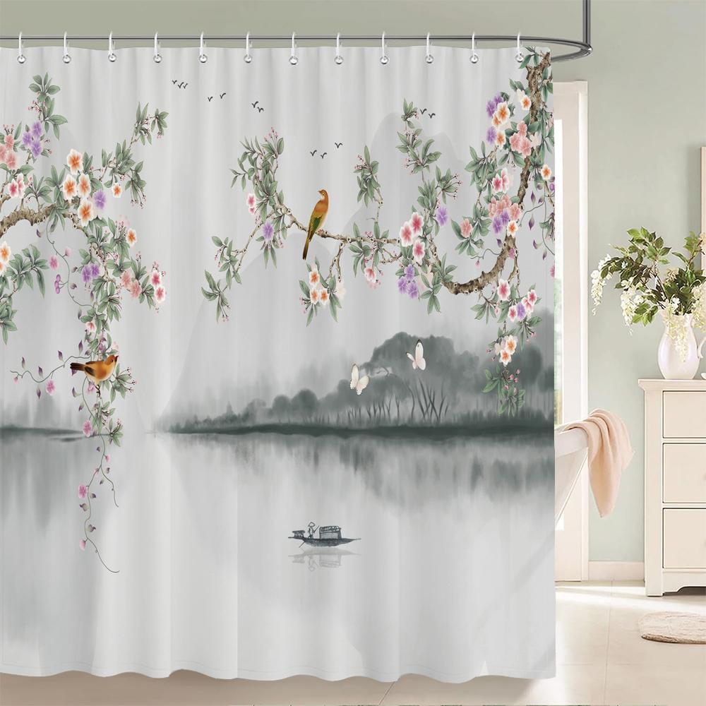Shower Curtain Chinese Style Flower and Bird Waterproof Bathroom Curtain landscape Partition Curtain Bath Curtains With Hooks