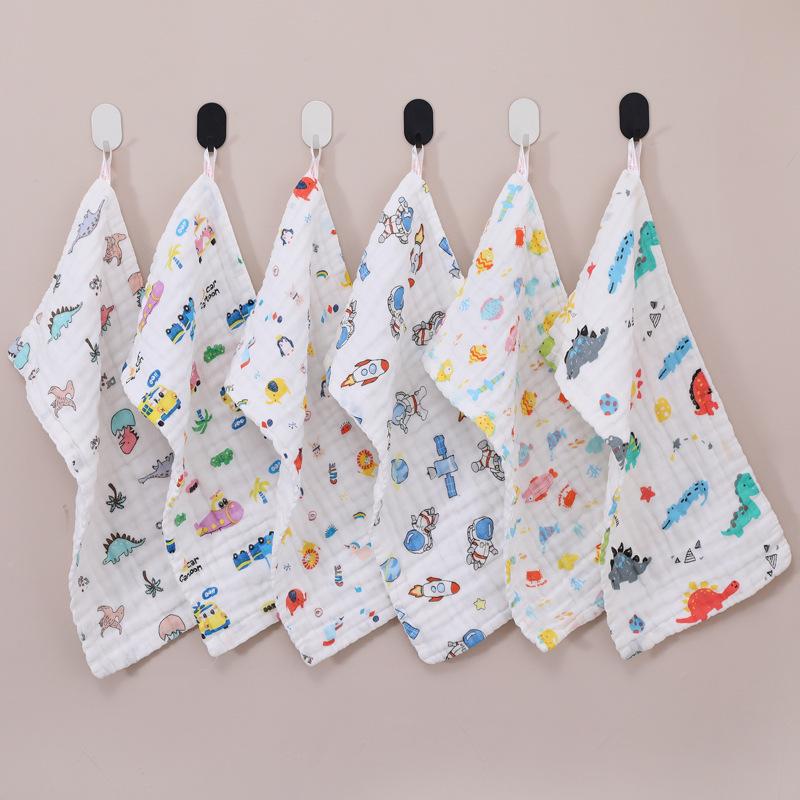 6 Layer Pure Cotton Baby Gauze Square Towel High Density Printed Children Face Washing Saliva Towel Soft Absorbent
