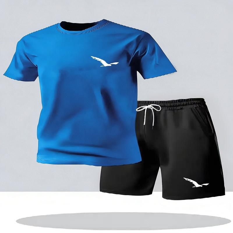 Traje esportivo casual de verão para homens, conjunto de roupas com t-shirt de gola redonda e manga curta e shorts, vestuário esportivo casual masculino