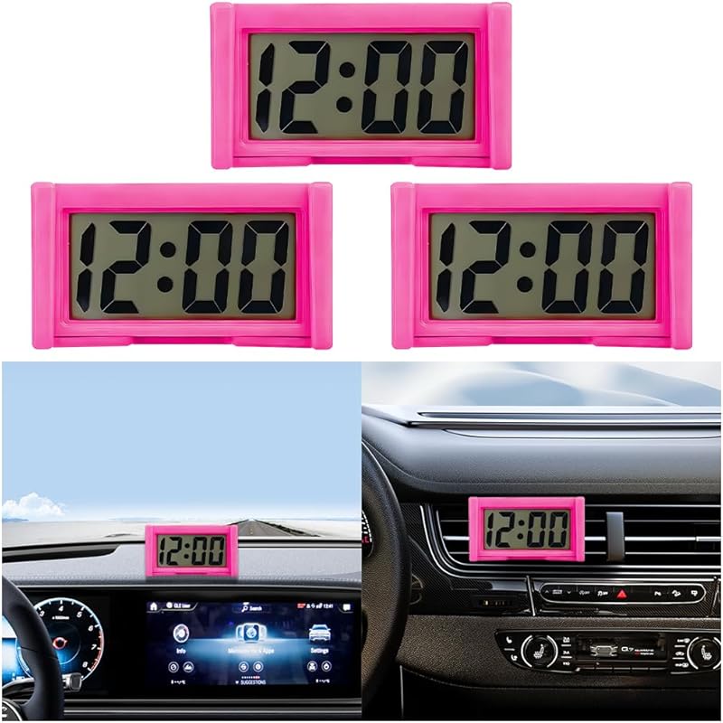 3PCS Mini Car Dashboard Digital Clocks, Small Self-Adhesive Bracket Vehicle Air Vent Electronic Watch with Clear LCD Screen Time & Day Display,