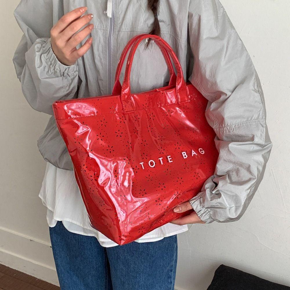Simple Waterproof Transparent Jelly Bag Letter Print Hollow Out PVC Tote Bag Large Capacity Flower Beach Bag Fitness Bag