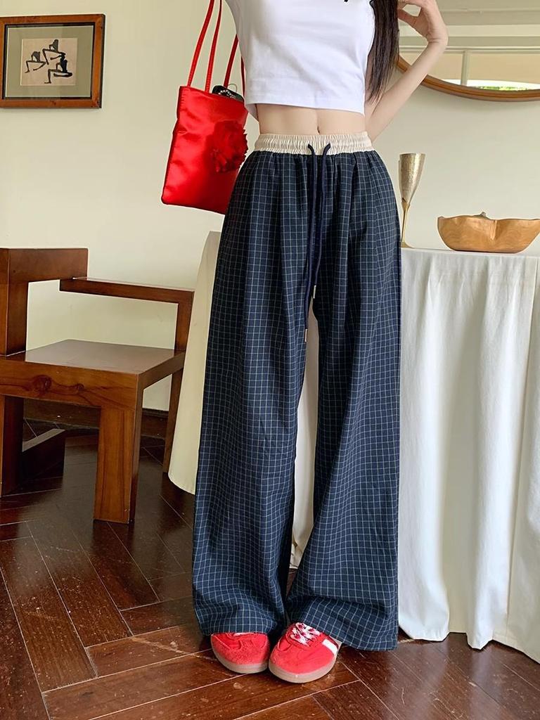 2025 Women's Retro Plaid High-Waist Wide-Leg Pants: Spring/Summer Casual, Versatile, Loose Fit, Floor-Length Trousers