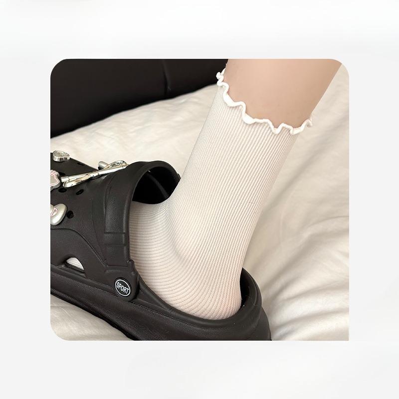 Black Ear-trimmed Socks for Women, Summer Mid-calf Socks with Lace, Boneless, Loose, Pile Socks, Versatile Cotton Socks for Students