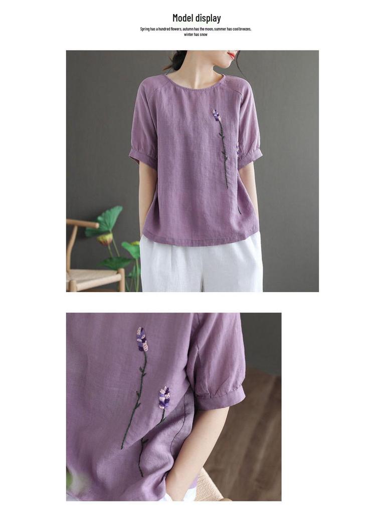 Women's Retro Floral Embroidered Cotton Linen Short-Sleeve Loose T-Shirt
