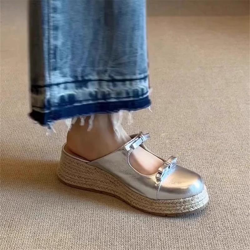 New Chinese Style Retro Thick Bottom Straw Woven Bag Head Bow Cool Slippers 2025 Summer New Wear Half Slippers Women