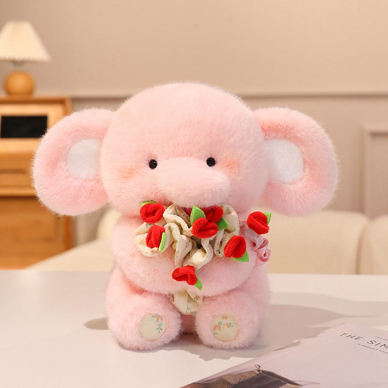 Adorable Sweet Elephant Hold Rose Bouquet Plush Doll Soft Stuffed Little Elephant With Flower Plushie Toy Cute Gift For Kids