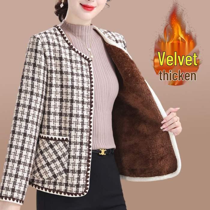 Chic Tweed Jacket for Middle-Aged Women - Versatile, Warm, Plus Velvet Cardigan for Autumn/Winter.