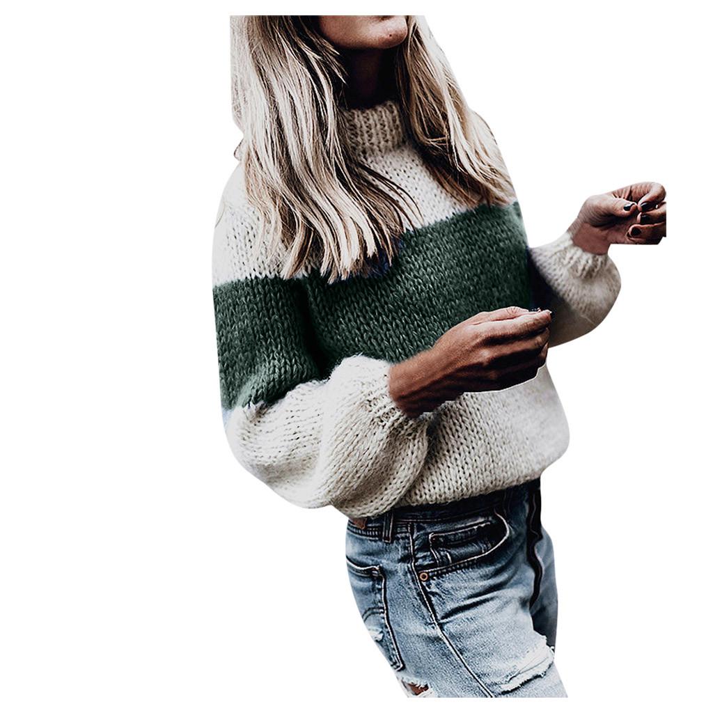 Womens Lady High Sweater Casual Splicing Long Sleeve Tops Slim Fit Pullover