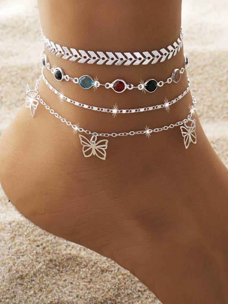 European & American Multi-Layer Crystal Chain Butterfly Anklet - Beach Style Foot Jewelry