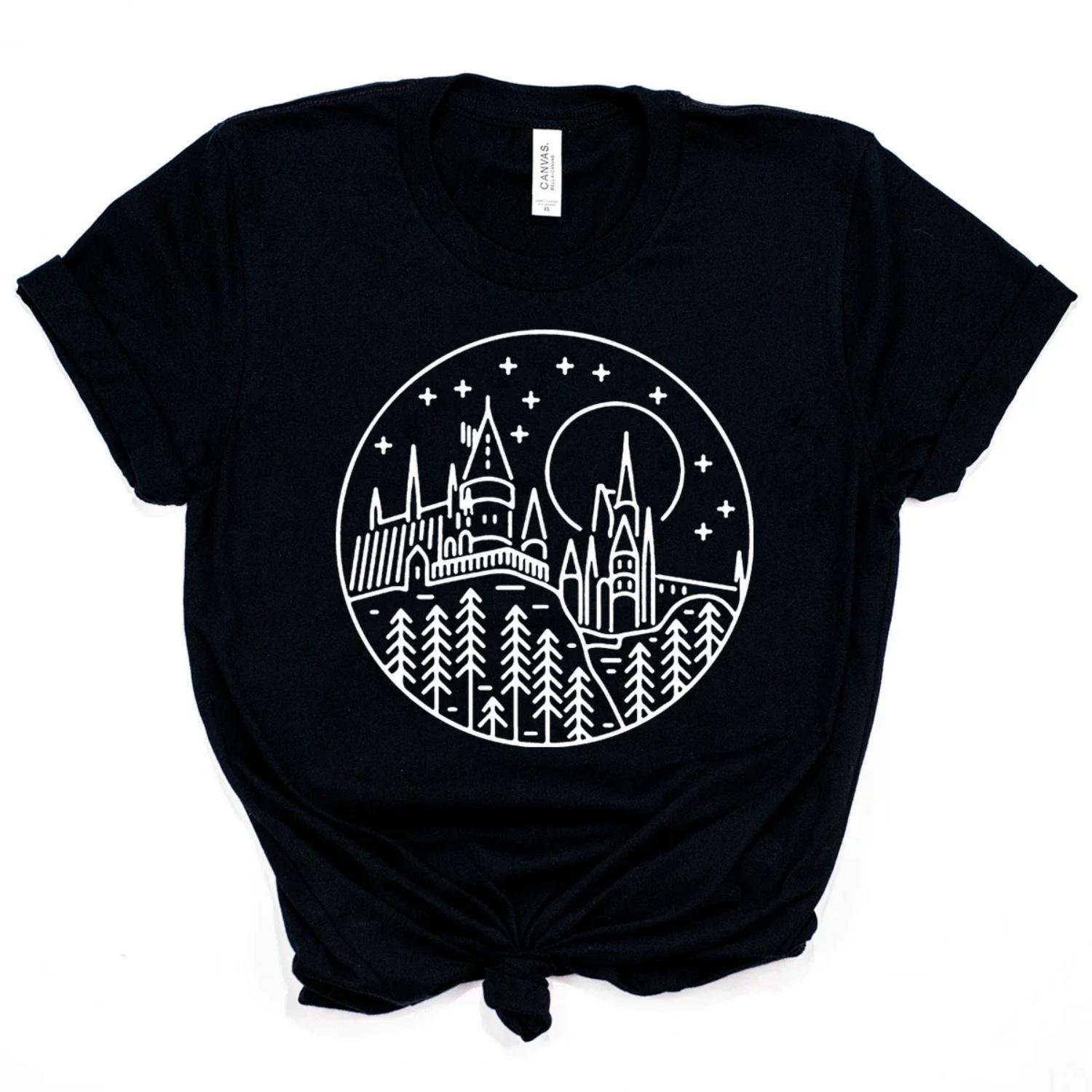 

2025 Magic School Castle T-shirt Is My Home Wizard Shirt HP Movie Inspired Tee Unsex Short Sleeve Tees Cute Fans Tops XXXXXL