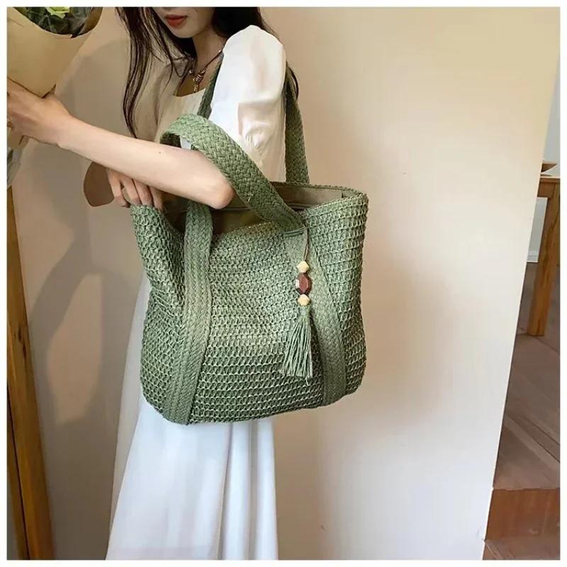 Fashion Straw Summer Large Capacity Tote Bag Women Shoulder Bag Handmade Woven Fresh Rural Handheld Grass Woven Women Bags