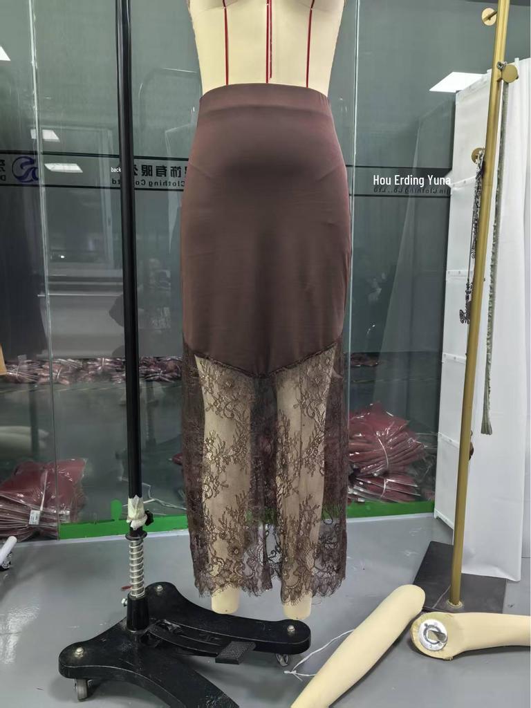 2025 European & American Style Lace Patchwork Midi Skirt – Sexy Solid Color Bodycon Skirt for Women