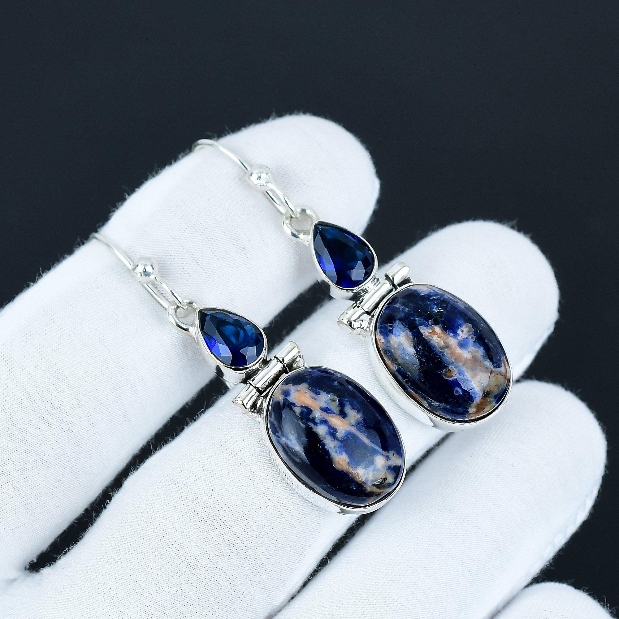 

Серьги с натуральным содалитом и синим сапфиром, серьги из стерлингового серебра 925 пробы, серебряные серьги в подарок, серьги-подвески 5.5 Cm синий