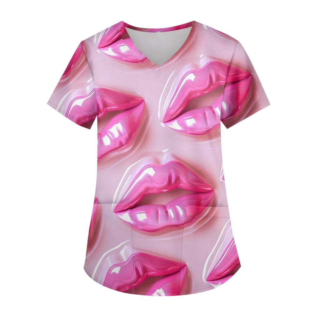 Damen Valentinstag Bedruckt Modisch V-Ausschnitt Tasche Kurzärmelig Uniform Und Pflegeroberteil