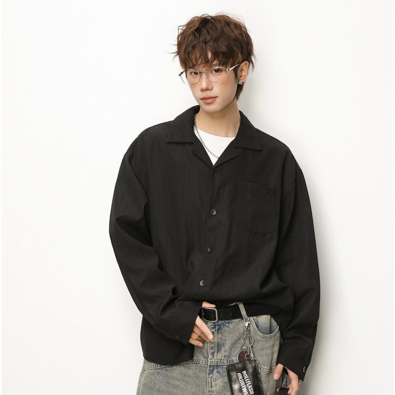 New long-sleeved shirt for men, spring style, textured slightly wrinkled linen feel shirt, simple drapey jacket
