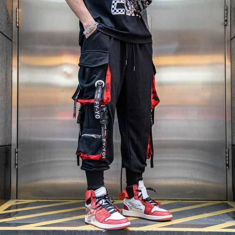 Pantaloni de jogging hip hop Pantaloni cargo pentru bărbați Pantaloni de sport cu buzunare de culoare blocă Pantaloni de trening Pantaloni de sport Streetwear Panglici cu litere Casual