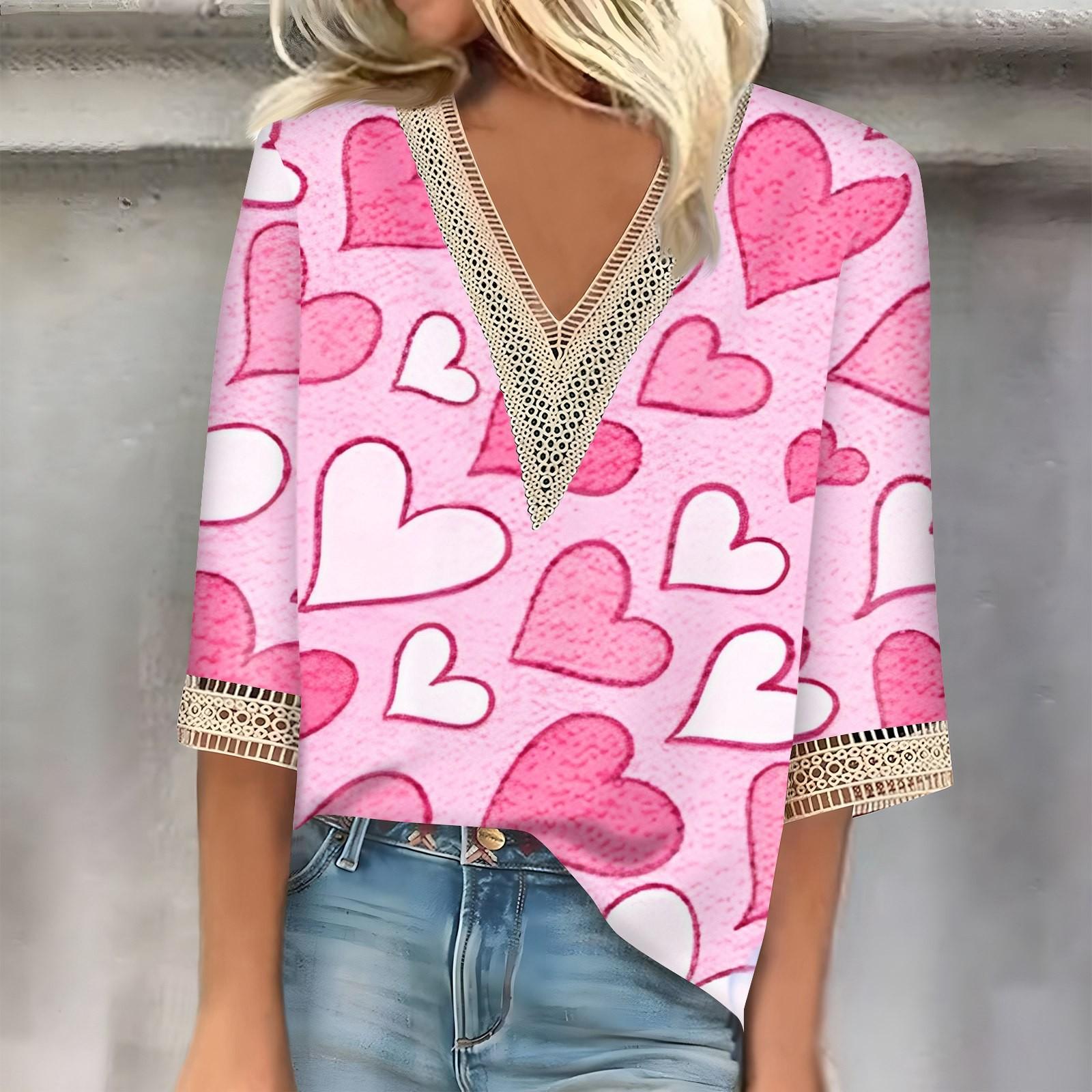 

Женский топ с рукавом три четверти, кружевной, с принтом ко Дню святого Валентина, модный, базовый, с V-образным вырезом, обычный топ M винный