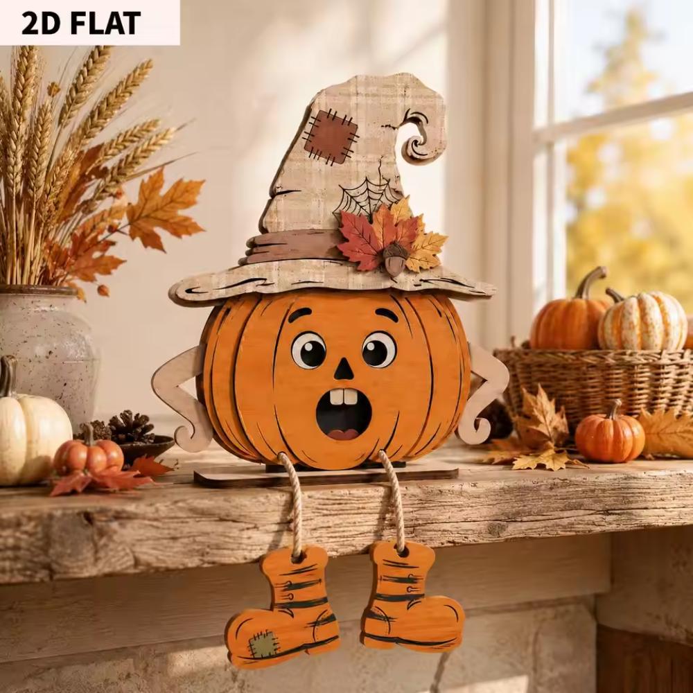 1Set Halloween Pumpkin Wooden Stand 3 Styles Cute Pumpkin Face Ornament Witch Hat Dangling Legs Tabletop Decor Fall Home Decor