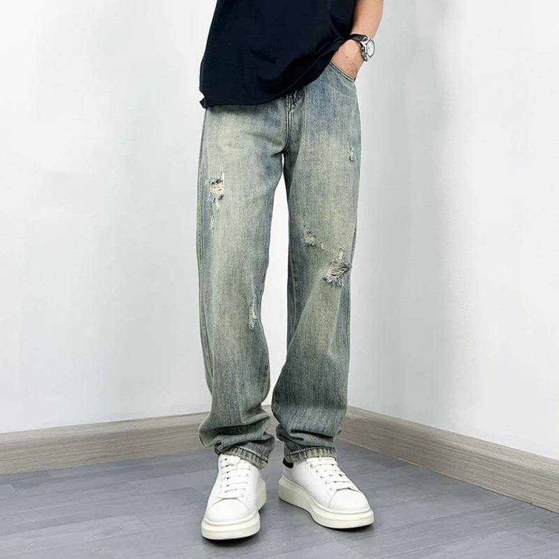 Old Washed Jeans Men's Loose Straight Wide-leg Light-colored Floor Pants Men's Spring and Autumn New Casual Long Pants