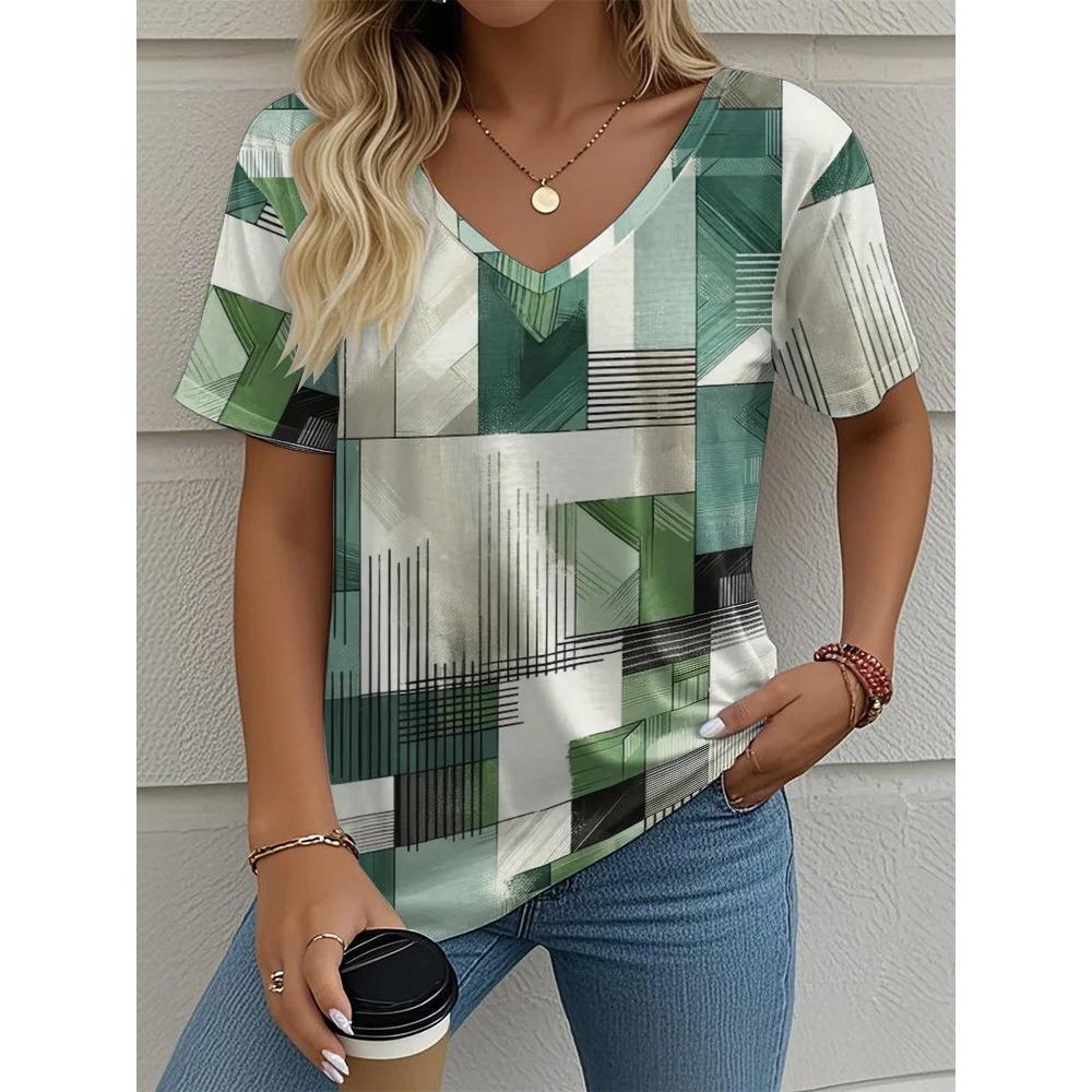 Summer plaid women's V-neck T-shirt outdoor casual short-sleeved top