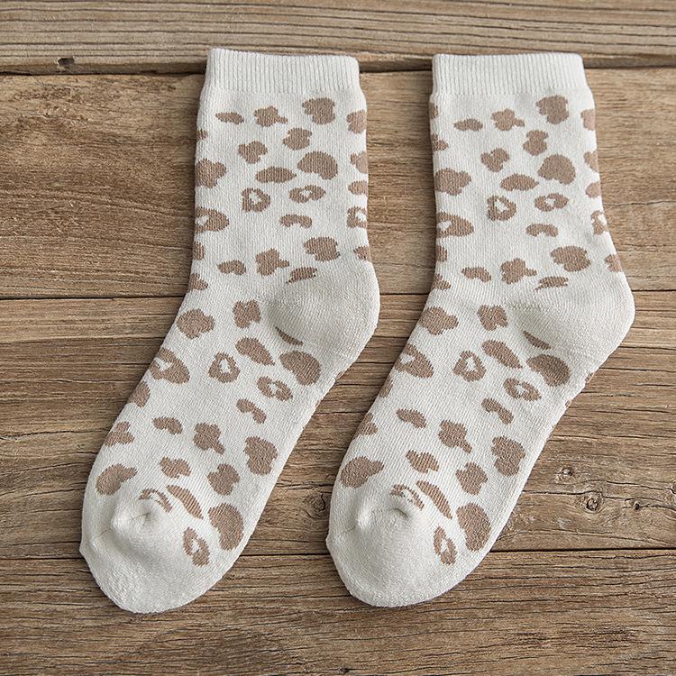 Women s Polka Dot Leopard Print Mid-Calf Terry Socks - Cotton, Thick, Warm, Casual, Versatile One Size белый