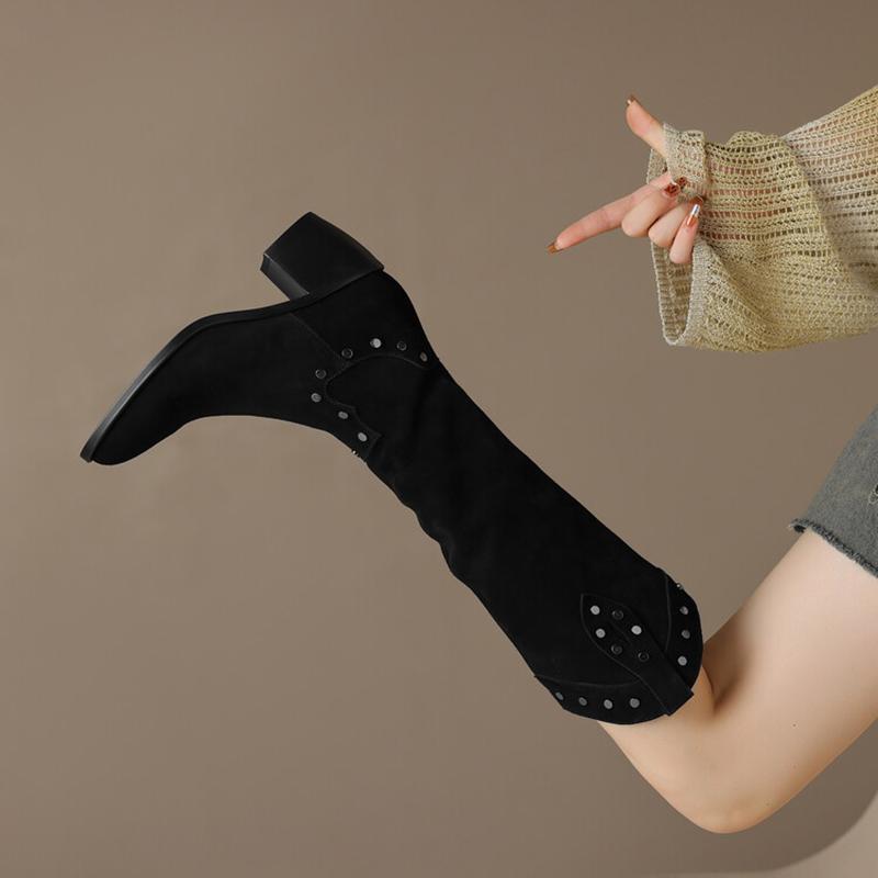 Vintage Winter Women Western Cowgirl Boots Fashion Slip On Square Heel Shoes Laides Concise Short Botas De Mujer