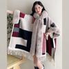 Womens Oversized Plaid Knit Cape Shawl With Fleece Lining Fur Trim Hooded Wrap Coat Winter
