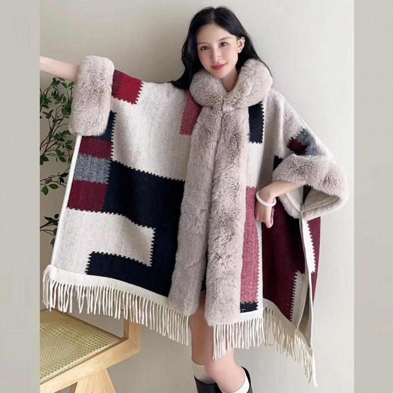 Womens Oversized Plaid Knit Cape Shawl With Fleece Lining Fur Trim Hooded Wrap Coat Winter