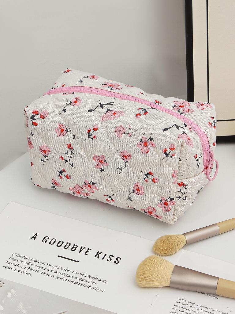 Floral Heart Print Cotton Makeup Bag For Women Travel Large Capacity Cosmetic Storage Bag Wash Pouch Student Stationery Pen Bag