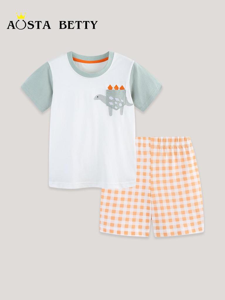 European Style Dinosaur Print Short Sleeve & Plaid Shorts Set for Kids