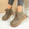 Leather Booties Round Toe Lace-Up Side Zipper Soft Sole Anti-Slip Wear-Resistant Flats for Women