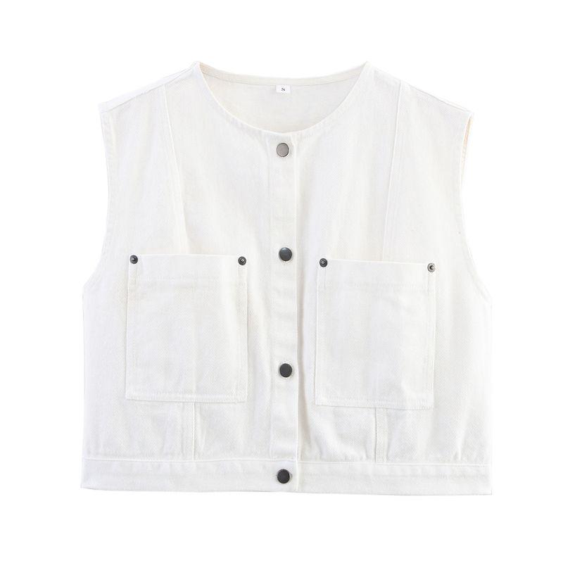 Kaslead New Women clothes Western Style Fashion Simple and Versatile 2-Color Denim Button Buckle Vest Top