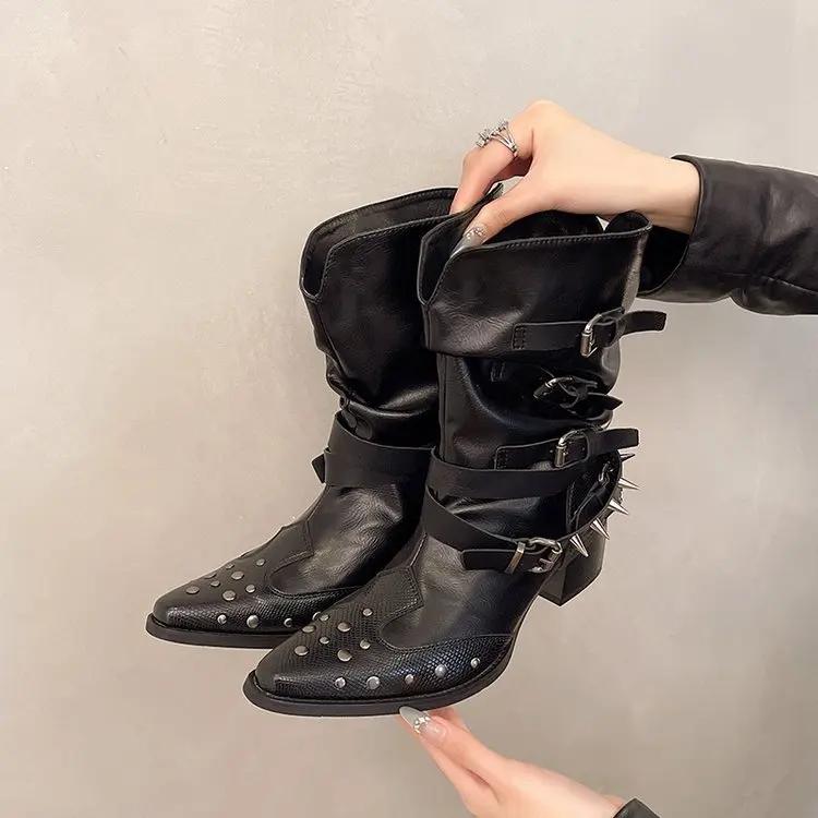 

Fashion Woman Black Punk Mid-Calf Platform Low Heel Trend Punk Gothic New Rock Leather Fashion Women Chunky Knight Motorcycle Footwear 40 чёрный
