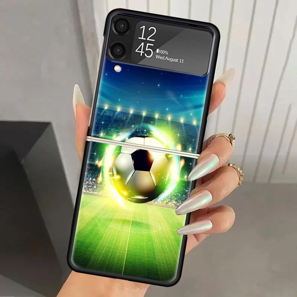 Football Soccer Ball Design Hard PC Phone Case For Samsung Galaxy Z Flip 6 5 4 3 Black Cover ZFlip6 Flip5 Flip4 5G Foldable Prin