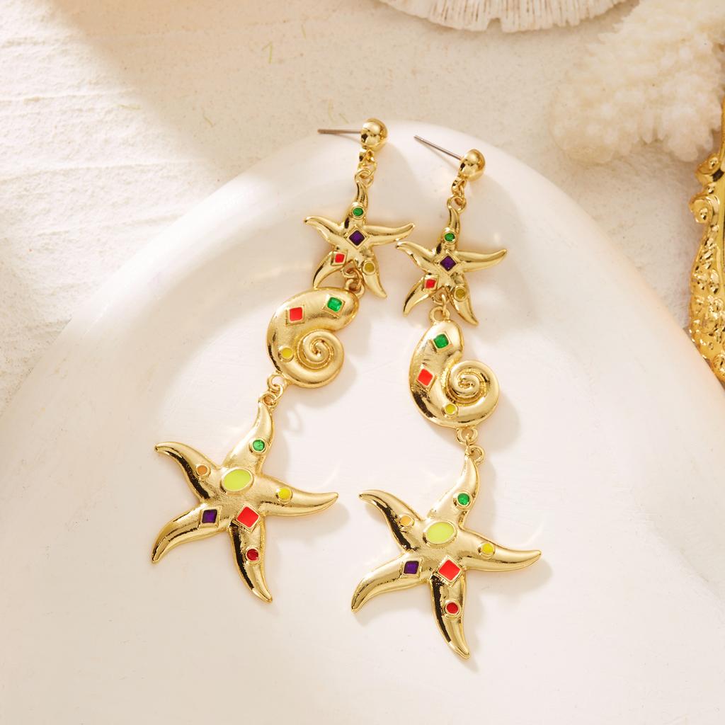Bohemia Starfish Conch Pendant Earrings for Women Retro Colorful Zircon Irregular Geometric Ocean Earring Party Vacation Jewelry