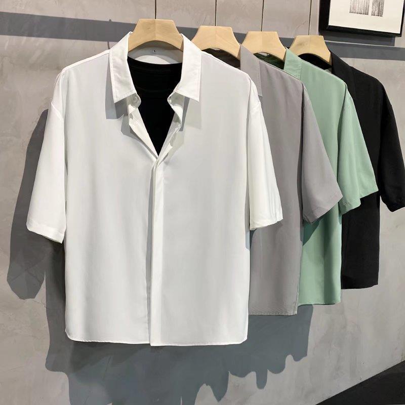 Men's Spring and Summer Lapel Solid Color Short-sleeved Loose Shirt Casual Comfortable Breathable Retro Drape Button Jacket