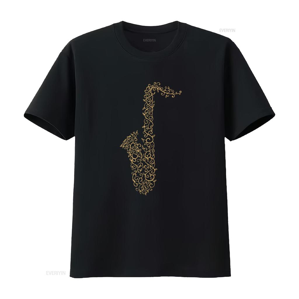 Elegant Gold Vine Wrapped Saxophone Print T Shirt for Music Lovers 100 Cotton vintage Washed homme Casual Soft Breathable