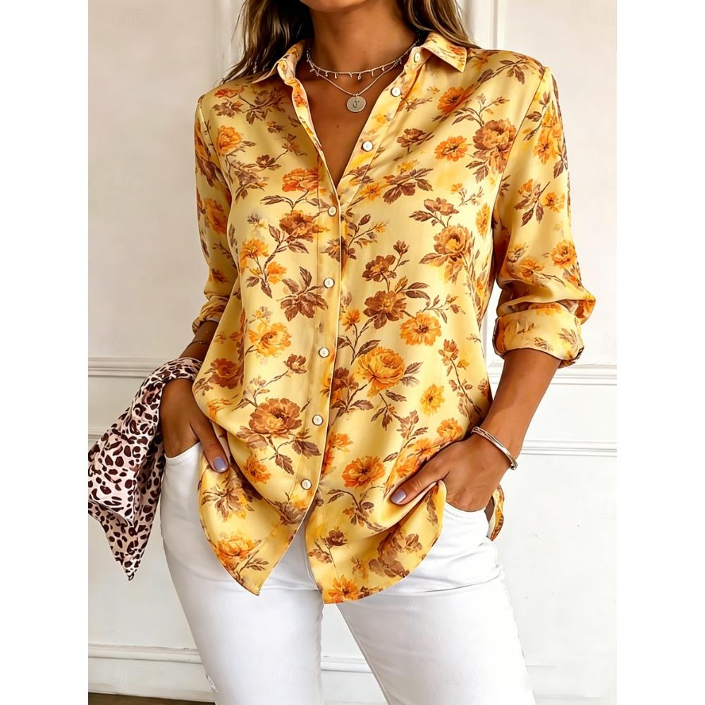 Women's Long Sleeve Floral Print Button Down Casual Shirt Elegant Daily Blouse Tops in Blue for Spring Summer