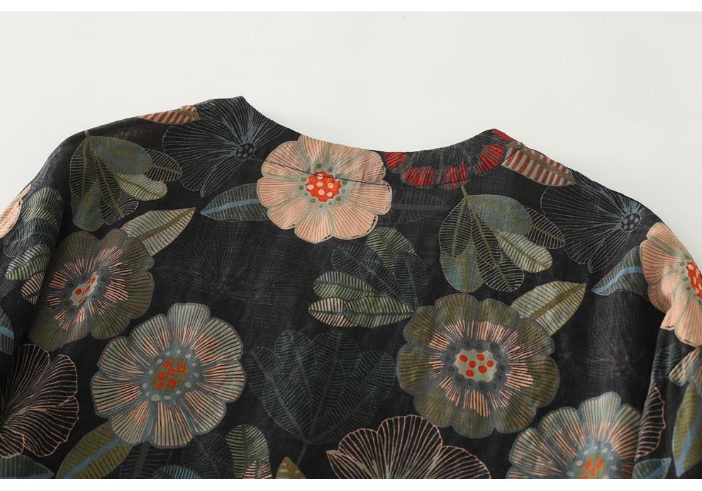 Autumn 2025 Artistic Retro Floral V-Neck Shirt: Cotton Linen, Age-Reducing, Plus Size, Casual