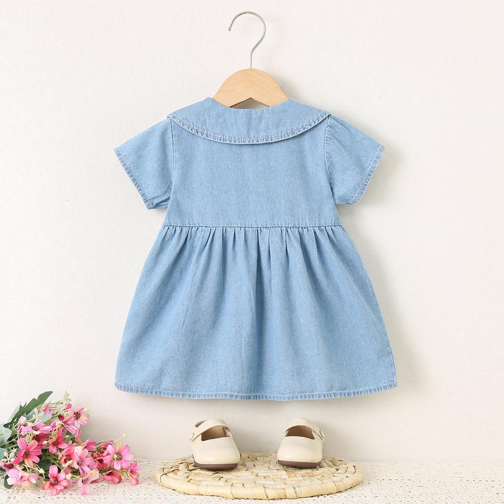 Summer Girls Denim Dress Sweet Bow Tie Collar Short Sleeve Princess Skirt For Kids Casual Cute Jean Dress