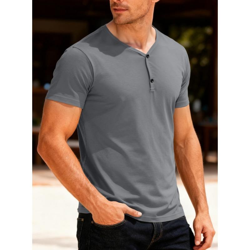Men Henley Neck Short Sleeve Slim Fit Solid Color Casual Multiple Color Options T Shirt